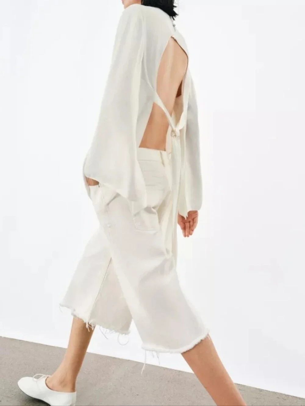 Zara Zw Collection Frayed-Hem Ecru White Denim Long Shorts Sz-6